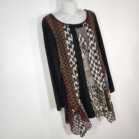Dikalady Tunic Top Womens Small Patchwork Geometric Asymmetrical Black Lined Art - Picture 4 of 8